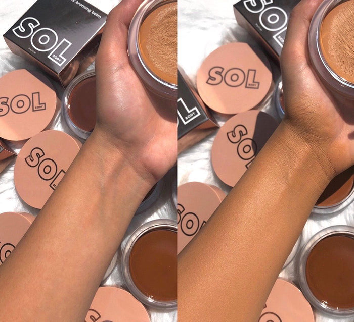 ColourPop SOL Face & Body Bronzing Balm in Medium swatched on a forearm, showing before-and-after glow - left bare, right bronzed - surrounded by open jars and peach SOL Body lids on a white background.