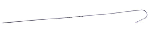 A long, thin, metallic hook extends horizontally against a white background.