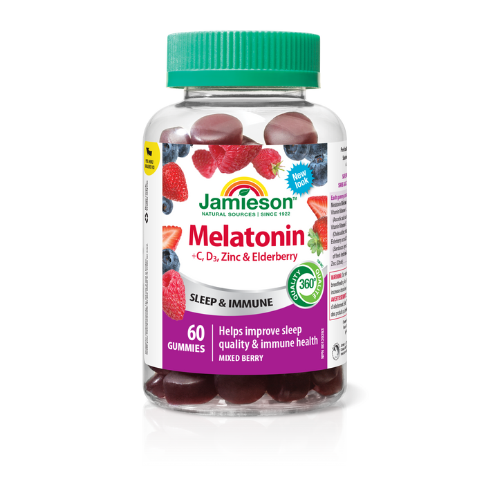 31001248 Jamieson Melatonin + Immunity Gummies, Mixed Berry, 60 ct 9846_R2084_GUM_Melatonin+CDZincElderberry_300cc_BTL_MAIN