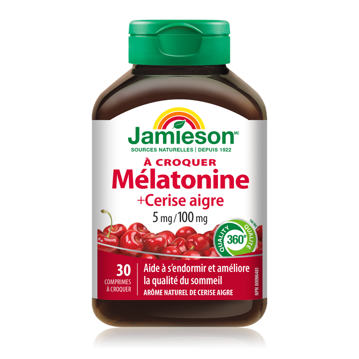 31001129 Jamieson Melatonin with Tart Cherry Chewable 5 mg, Tart Cherry, 30 ct 31001129_J_Melatonin+TartCherry_250cc_21004908_BTL_MAIN2