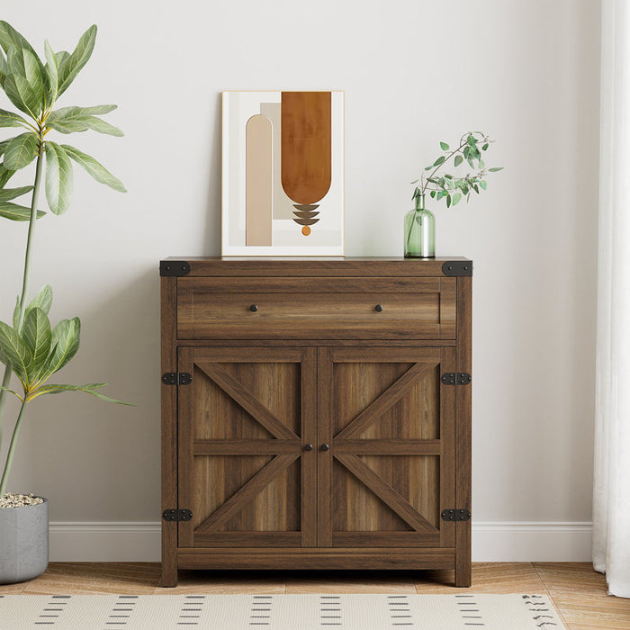 Meuble d'appoint marron à 2 portes et 1 tiroir, hauteur 84 cm (33 po).
