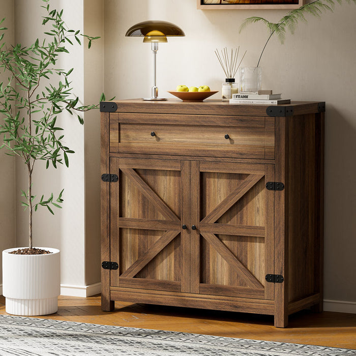 Meuble d'appoint marron à 2 portes et 1 tiroir, hauteur 84 cm (33 po).