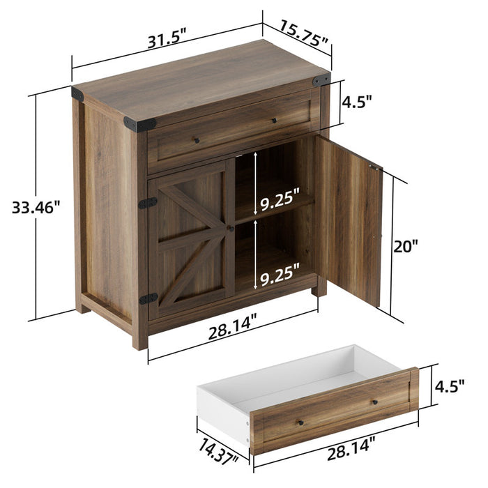 Meuble d'appoint marron à 2 portes et 1 tiroir, hauteur 84 cm (33 po).