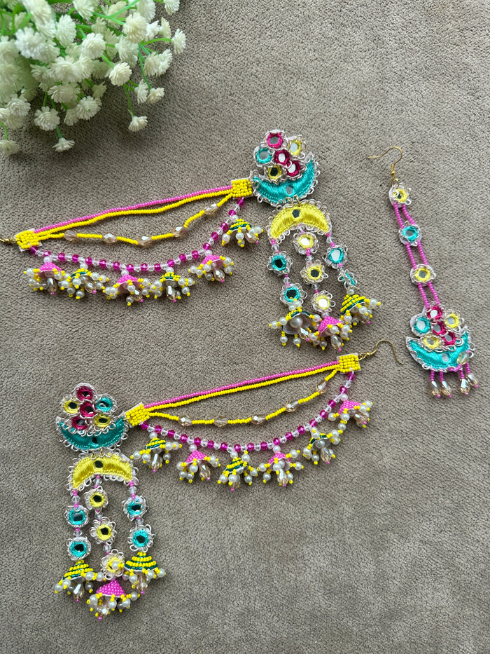 Mirror Work Beaded Jhumka Earring Tikka Set – Yellow, Pink & Teal