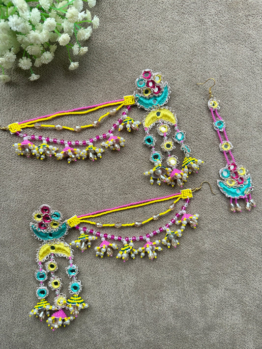 Mirror Work Beaded Jhumka Earring Tikka Set – Yellow, Pink & Teal