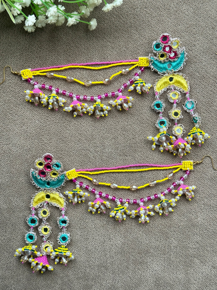 Mirror Work Beaded Jhumka Earring Tikka Set – Yellow, Pink & Teal