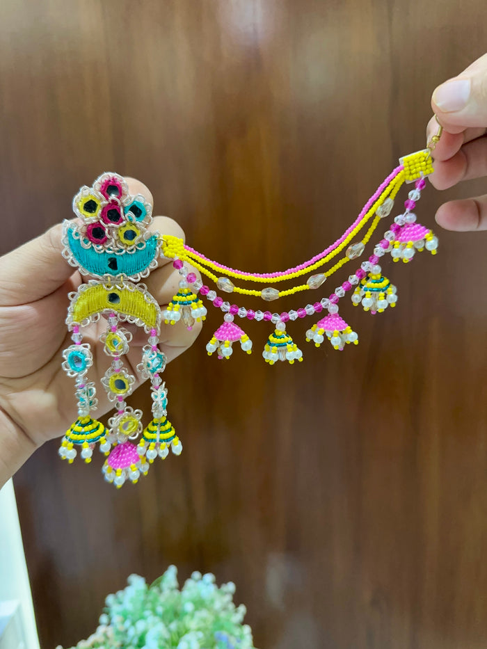 Mirror Work Beaded Jhumka Earring Tikka Set – Yellow, Pink & Teal