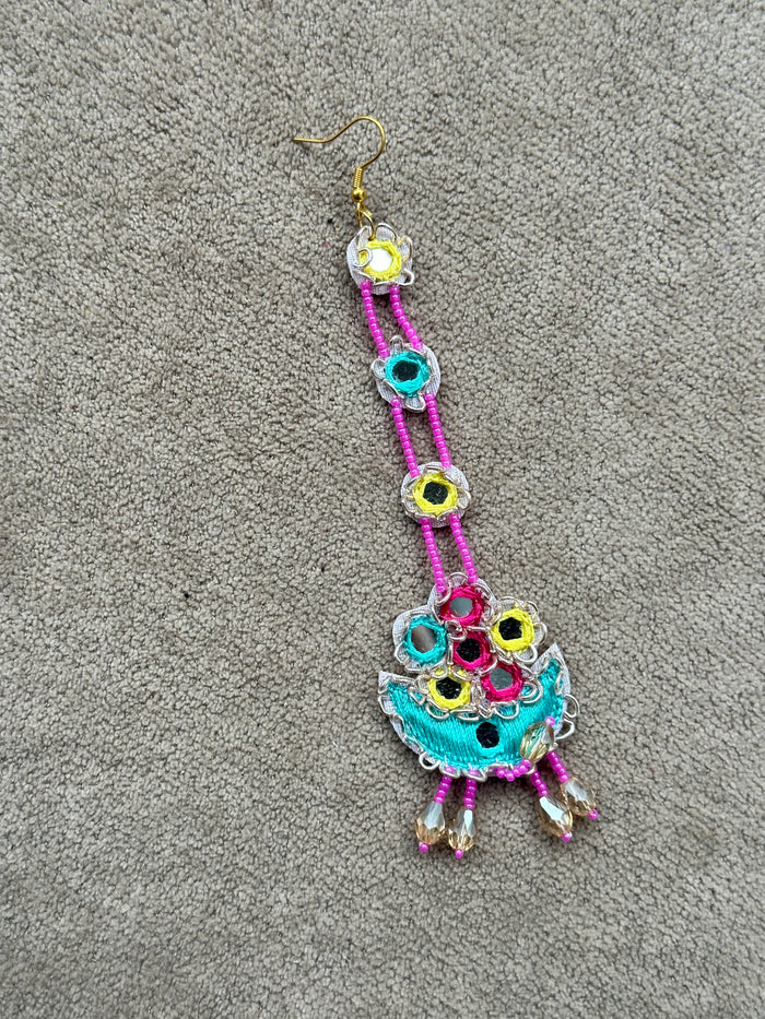 Mirror Work Beaded Jhumka Earring Tikka Set – Yellow, Pink & Teal