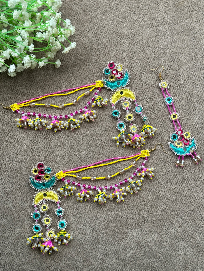 Mirror Work Beaded Jhumka Earring Tikka Set – Yellow, Pink & Teal