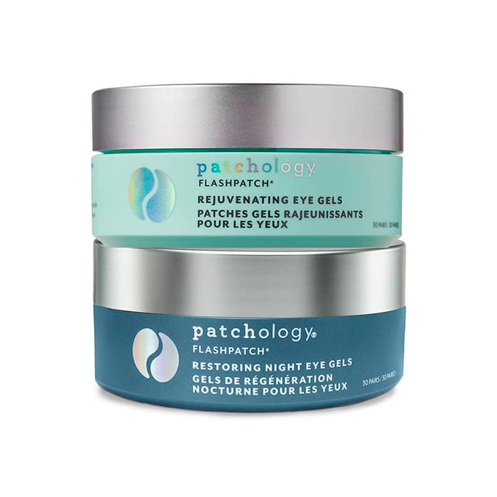 Patchology Rejuvenating and Restoring Night eye gels in stacked teal and blue jars for under-eye skincare.