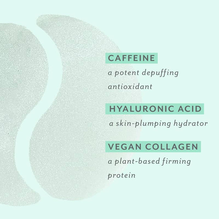 Text on a light blue background with product benefits listed caffeine depuffing hyaluronic acid a skin-plumping hydrator and vegan collagen a plant based firming protein