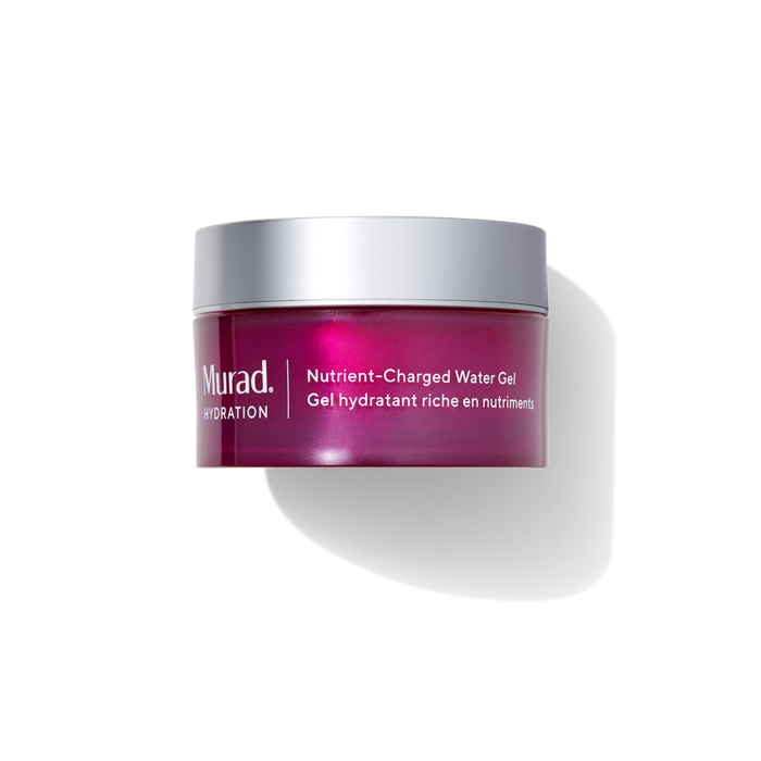 A jar of Murad Hydration Nutrient-Charged Water Gel with a metallic silver lid and a magenta-pink body, shown on a white background with a soft shadow.
