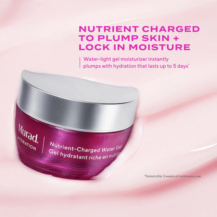 A jar of Murad Hydration Nutrient-Charged Water Gel with a metallic silver lid and a magenta-pink body surrounded by pink gel texture of product