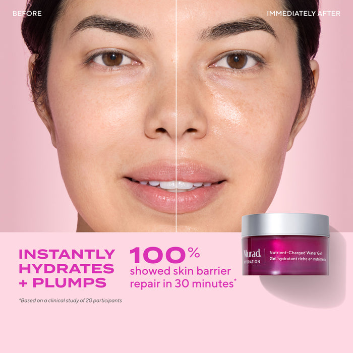 before and after image of woman immediately after using Murad Hydration Nutrient-Charged Water Gel