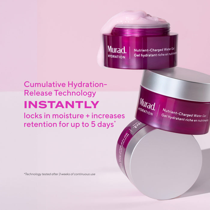 3 jars of Murad Hydration Nutrient-Charged Water Gel with a metallic silver lid and a magenta-pink body. 1 jar has no lid and shows product overflowing