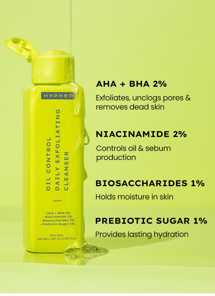 Hyphen Oil Control & Exfoliating Cleanser with 2% AHA BHA - clinical results chart and benefit claims