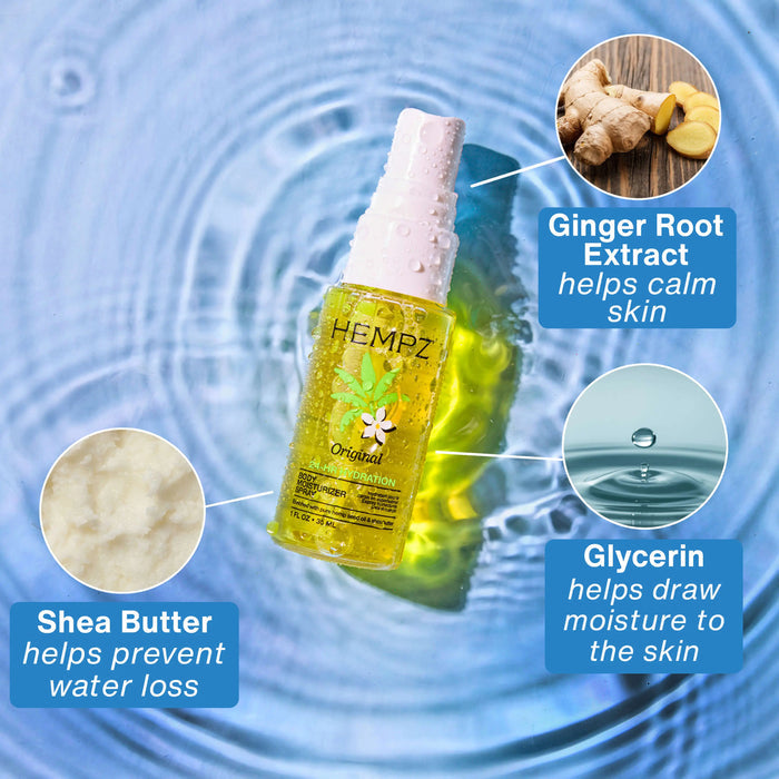 Hempz Original Body Moisturizer Spray with ingredients highlighted on a blue water background
