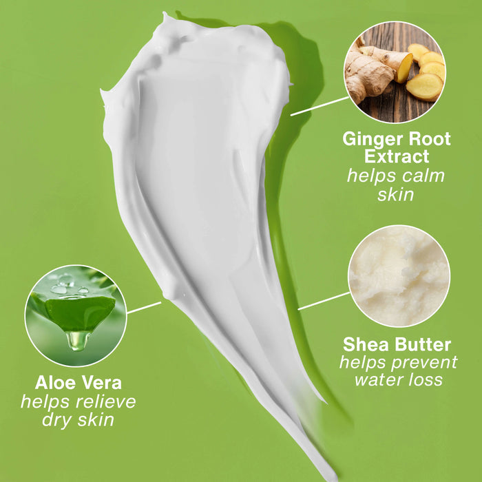 White cream with text on a green background about ginger root extract, aloe vera, and shea butter