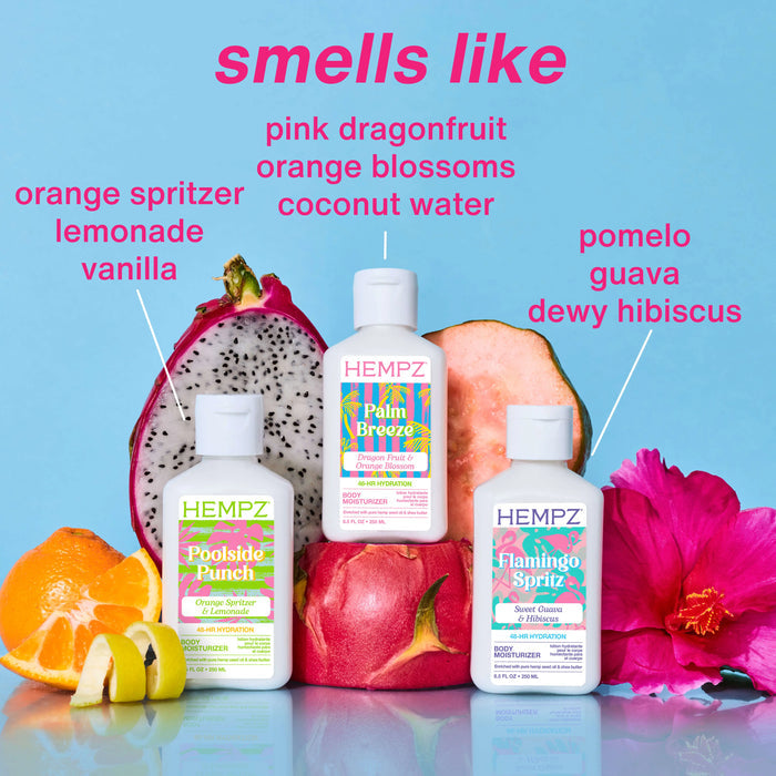 Hempz Palm Springs mini body lotion bottles with fruit and flower graphics on a blue background