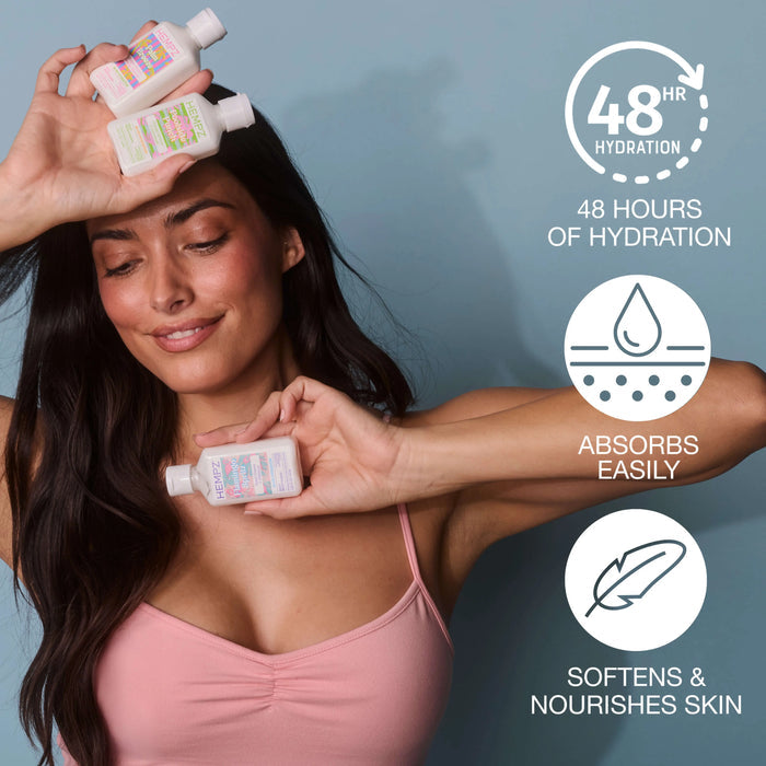 Woman holding Hempz Palm Springs mini lotion bottles of skincare product with text highlighting 48-hour hydration, easy absorption, and skin softening.