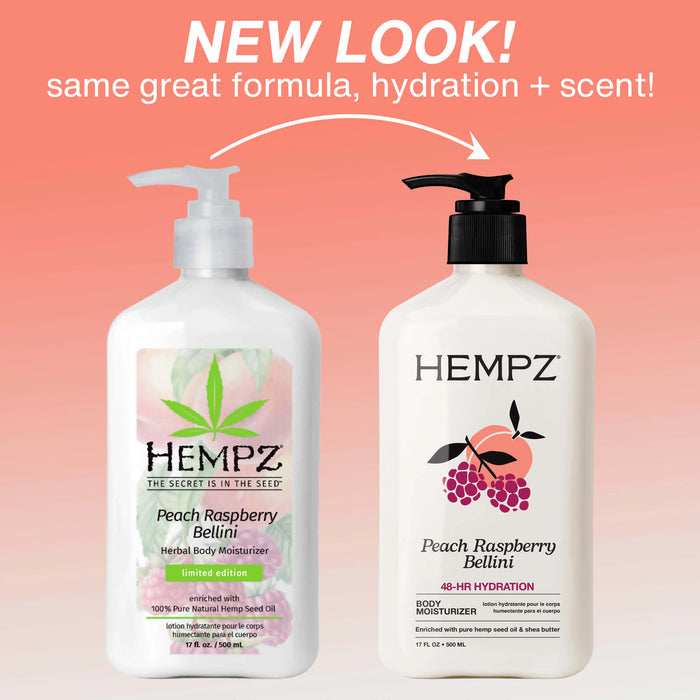 Two Hempz Peach Raspberry Bellini body moisturizer bottles on a pink background with text about new look and formula.