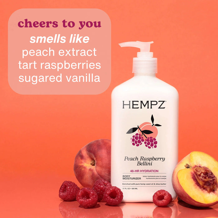 Hempz Peach Raspberry Bellini body moisturizer with peach, raspberry, and vanilla text on an orange background