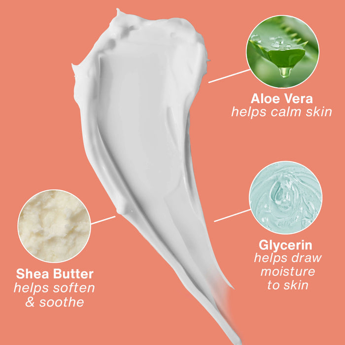 Skincare product with Aloe Vera, Shea Butter, and Glycerin benefits on a peach background