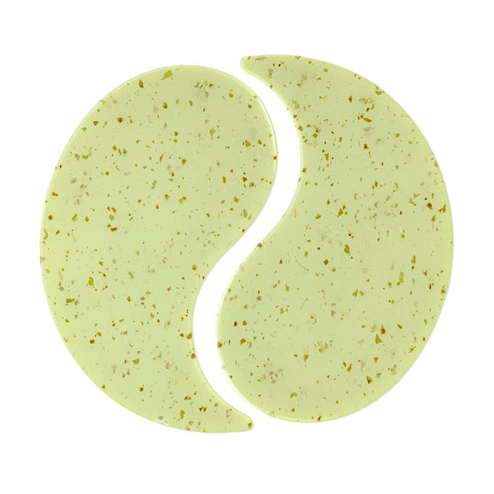 Green speckled hydrogel eye patches displayed as a curved pair on a white background.