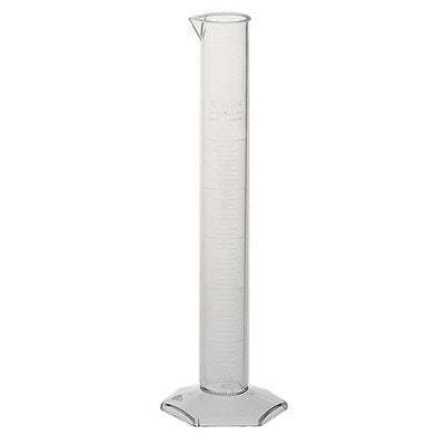 A graduated cylinder stands upright on a white background. It is transparent and has a hexagonal base.