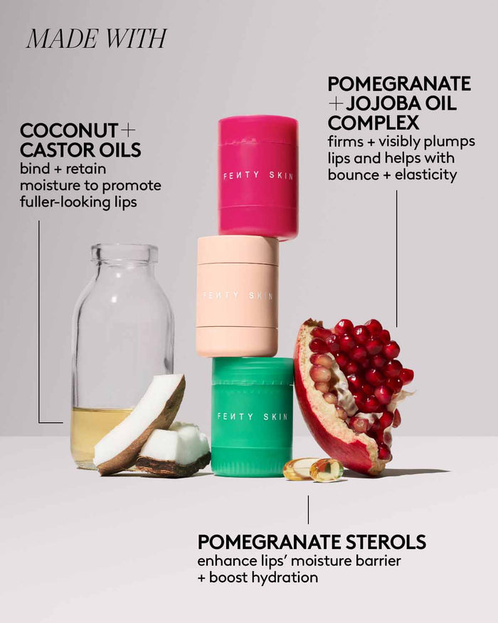Fenty Skin Plush Puddin is made with coconut + castor oils, pomegranate + jojoba oil complex, and pomegranate sterols.