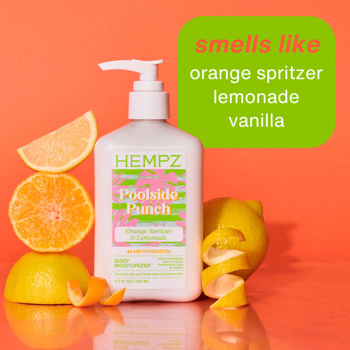 Hempz Poolside Punch body moisturizer with oranges and lemons on an orange background