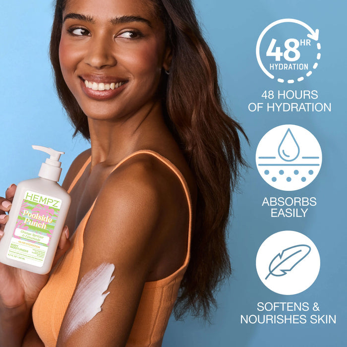 Woman holding a bottle of Poolside Punch lotion with product features on a blue background