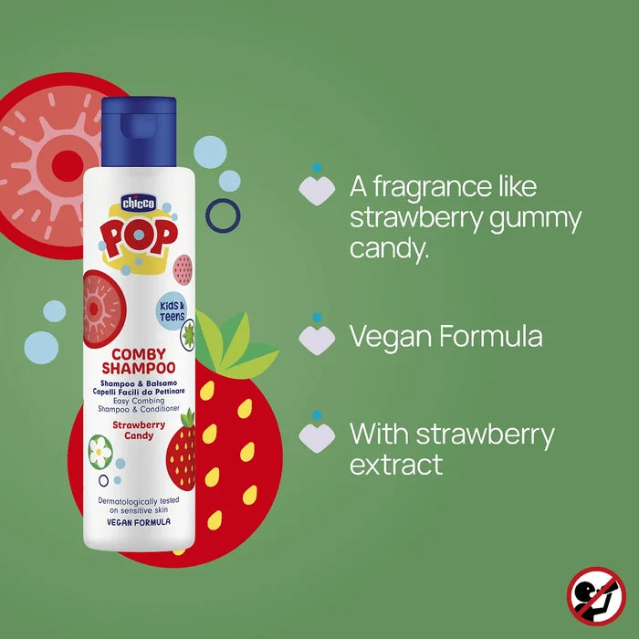 POP Strawberry 2 in 1 Comby Shampoo & Conditioner 250 ml (6 Years+)