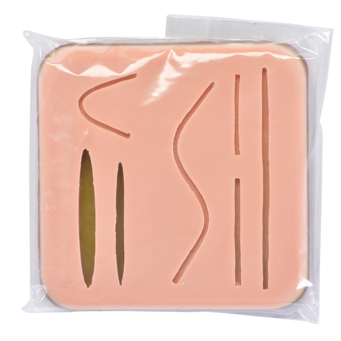 Surgical sutures of varying lengths and curves are packaged on a pink, square pad, sealed within clear plastic.
