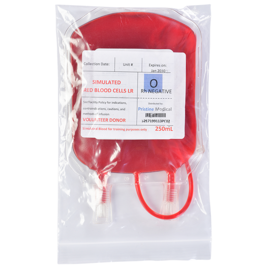 A simulated blood bag, containing 250 mL of simulated red blood cells (O Rh Negative), is packaged for training purposes. The bag is sealed in plastic.