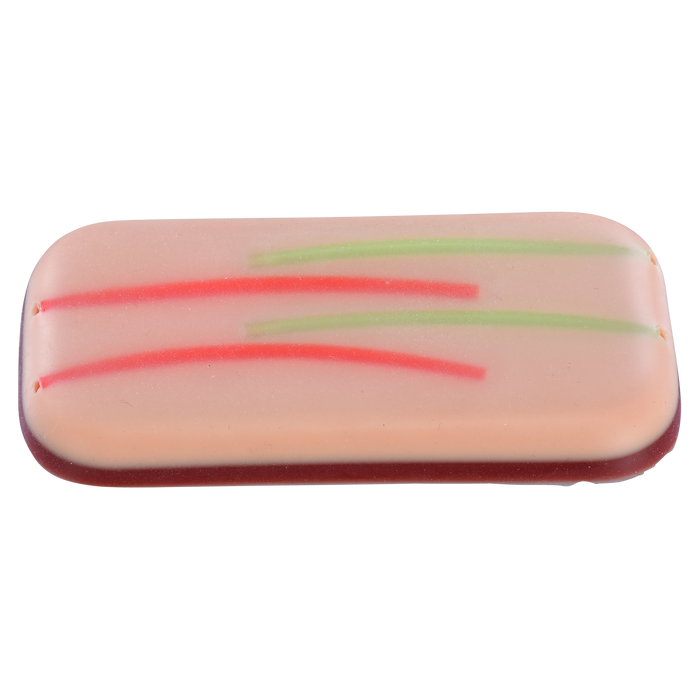 Pristine Medical injection training pad featuring red and green lines for simulation practice