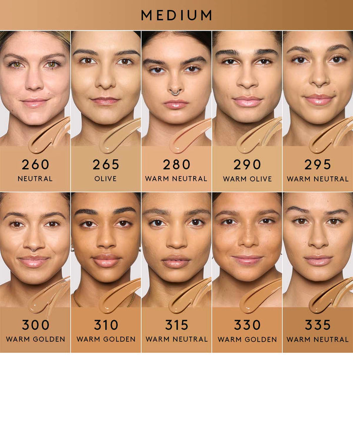 medium shade infographic showing 8 different shades of foundation on medium skin tones
