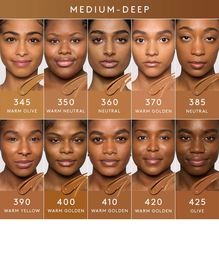 medium-deep shade infographic showing 8 different shades of foundation on medium-deep skin tones