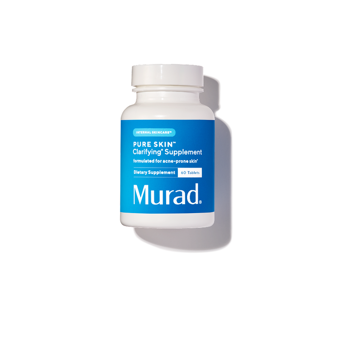 A white bottle of Murad Pure Skin Clarifying Supplement with a blue label, shown on a white background with a soft shadow.