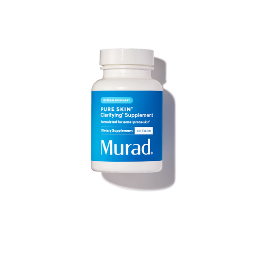 A white bottle of Murad Pure Skin Clarifying Supplement with a blue label, shown on a white background with a soft shadow.