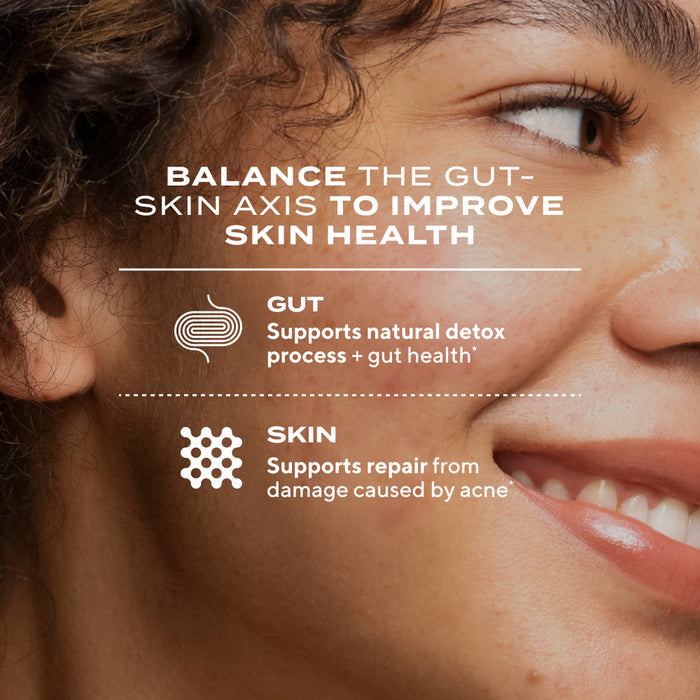 Close-up of a woman's face with text about balancing the gut-skin axis for skin health.