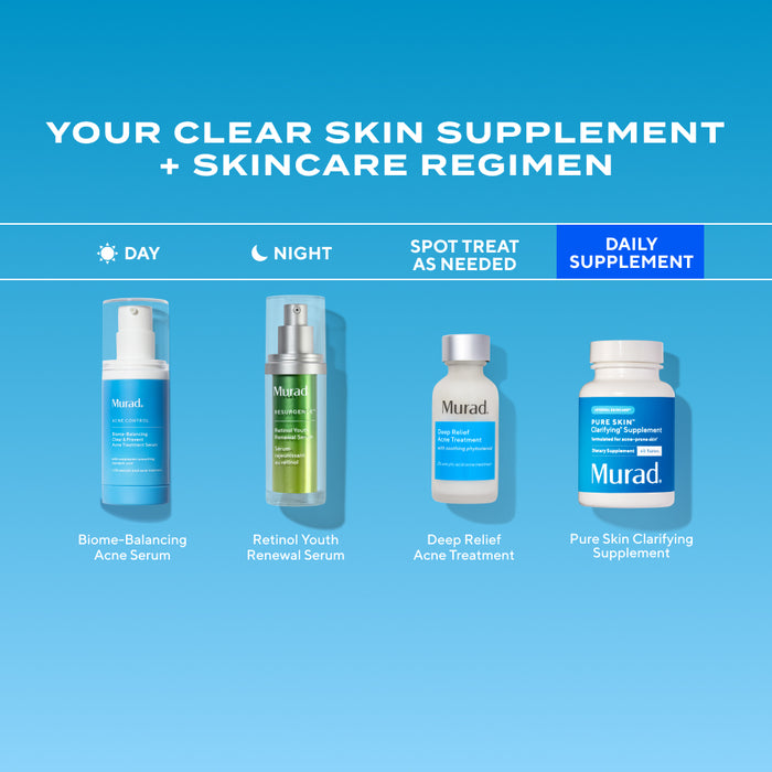 Murad skincare products on a blue background with text about a clear skin supplement and skincare regimen.