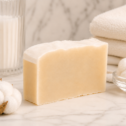 Bar of goat milk soap on a marble surface with a soft focus background