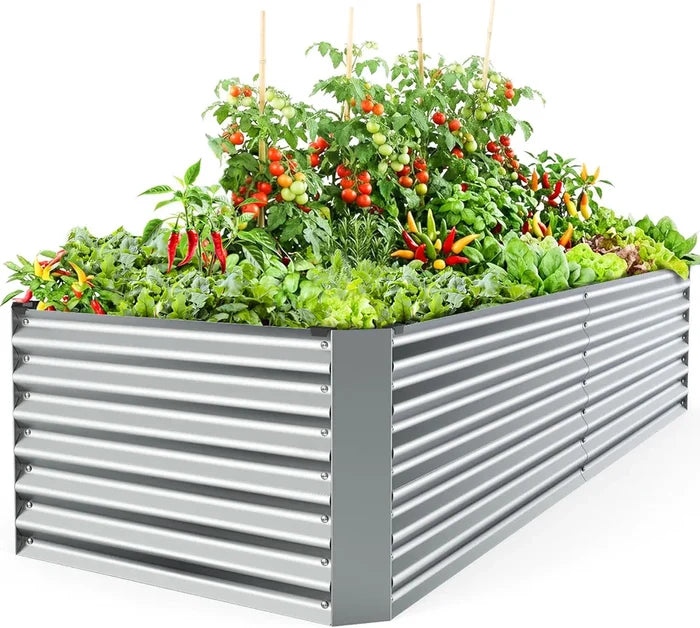 Metal raised garden bed with plants and vegetables on a white background