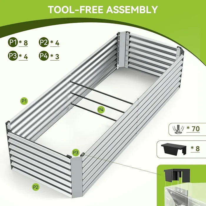 Tool-free assembly diagram of a metal frame with component counts on a green and white background.