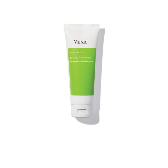 A squeeze tube of Murad Resilience Sunscreen Cleansing Cream, featuring a white tube with a vibrant green label block, shown on a clean white background with a soft shadow.