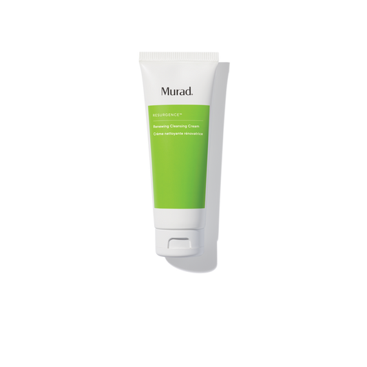 A squeeze tube of Murad Resilience Sunscreen Cleansing Cream, featuring a white tube with a vibrant green label block, shown on a clean white background with a soft shadow.