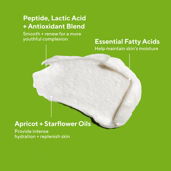 White creamy product texture of Murad Resilience Sunscreen Cleansing Cream highlighting key ingredients peptide, lactic acid + antioxidant blend, essential fatty acids, apricot + starflower oils