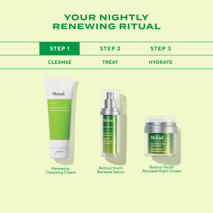 steps 1 to 3 regimen showing a squeeze tube of Murad Resilience Sunscreen Cleansing Cream, featuring a white tube with a vibrant green label block under step 1