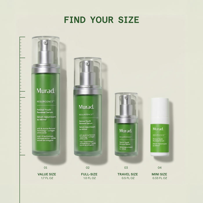 Four Murad Resilience skincare bottles in different sizes arranged in descending size order on a light beige background with the text 'FIND YOUR SIZE' and size labels below each bottle.